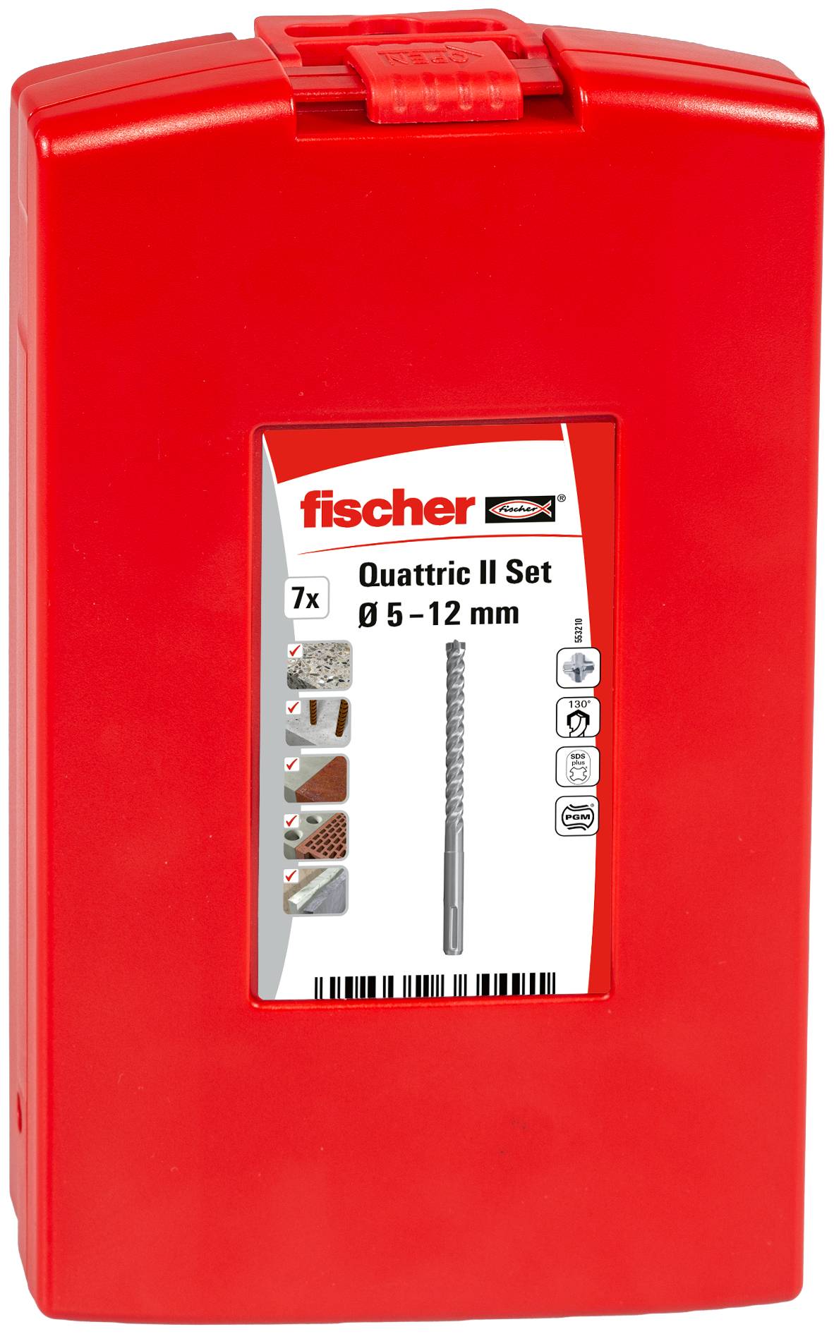 Roter Kunststoffkasten mit der Bezeichnung „fischer Quattric II Set Ø 5-12 mm
