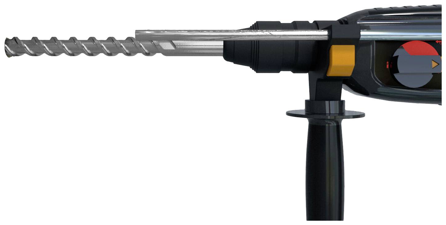 Elektrischer Bohrhammer mit ergonomischem Griff und Bohrbit, teilweise seitlich abgebildet, vor weißem Hintergrund.