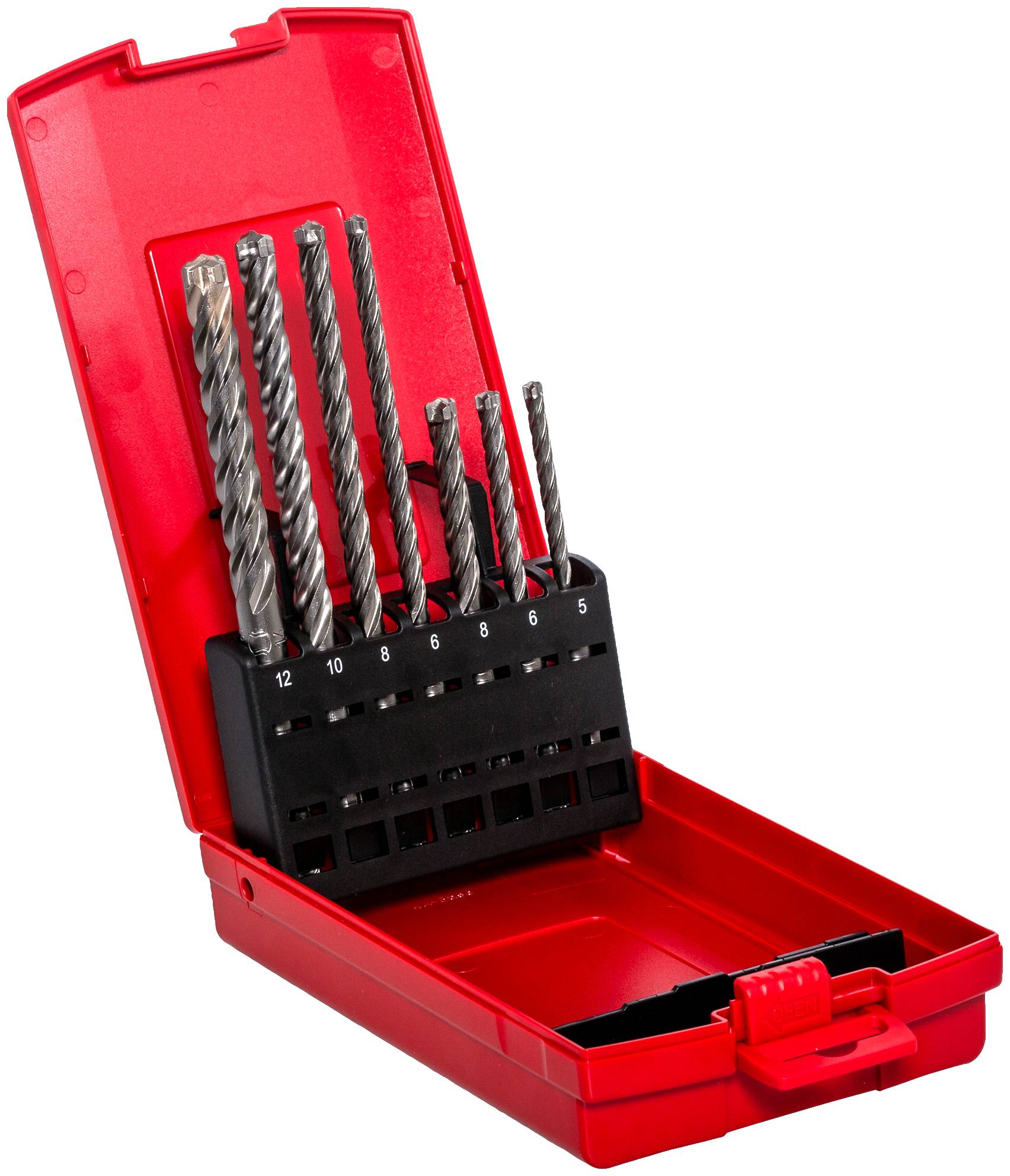 Ein rotes Etui mit sieben Bohrern in verschiedenen Größen, nummeriert von 5 bis 12. Das Etui ist offen und dient zur Aufbewahrung.