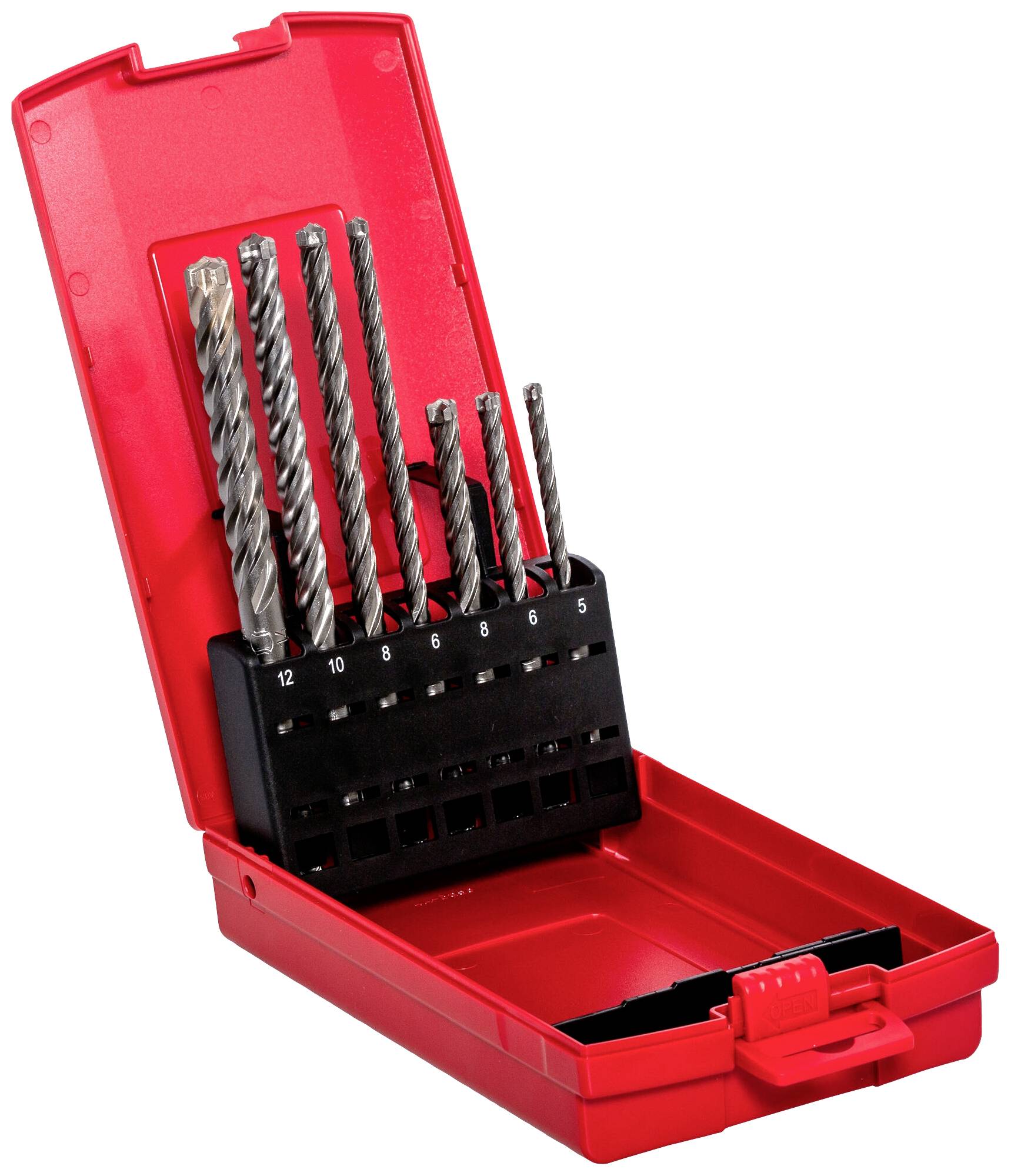 Ein rotes Etui mit sieben Bohrern in verschiedenen Größen, nummeriert von 5 bis 12. Das Etui ist offen und dient zur Aufbewahrung.