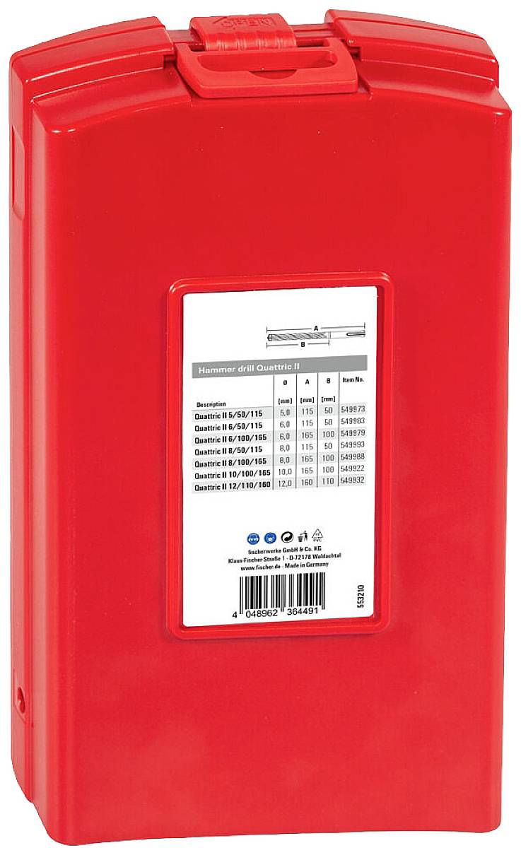 Rotes Batteriemodul mit aufgedrucktem Etikett, das technische Spezifikationen zu Modell, Spannung und Kapazität zeigt.