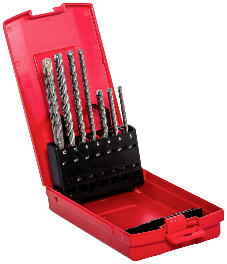 Ein rotes Bohrer-Set mit verschiedenen Größen von Bohrern, geordnet in einer Plastikbox. Die Größen sind auf der Halterung markiert.