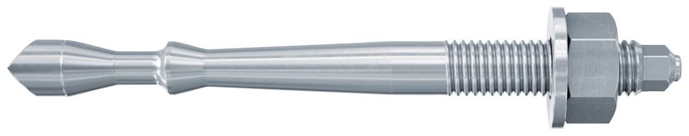 Ein Metallbolzen mit Gewinde, an einem Ende verjüngt. Wird häufig für Verankerungen oder mechanische Befestigungen verwendet.