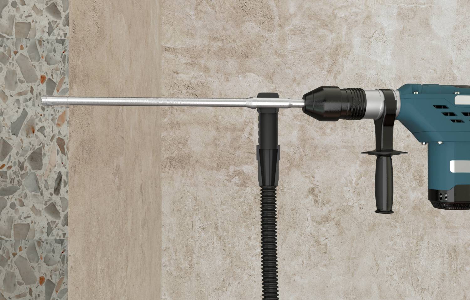 Bohrhammer befestigt am Staubsauger bohrt saubere Löcher in eine Wand.