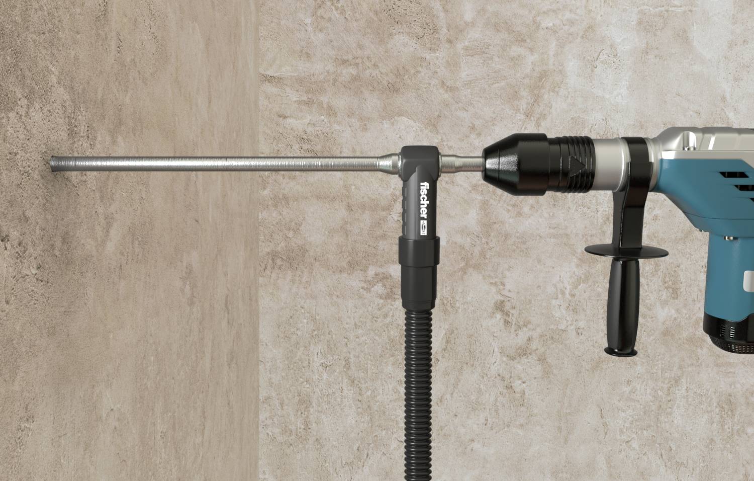 Eine Bohrmaschine mit einem langen Bohrer bohrt in eine Wand. Ein Absauggerät ist angebracht, um Staub aufzufangen.