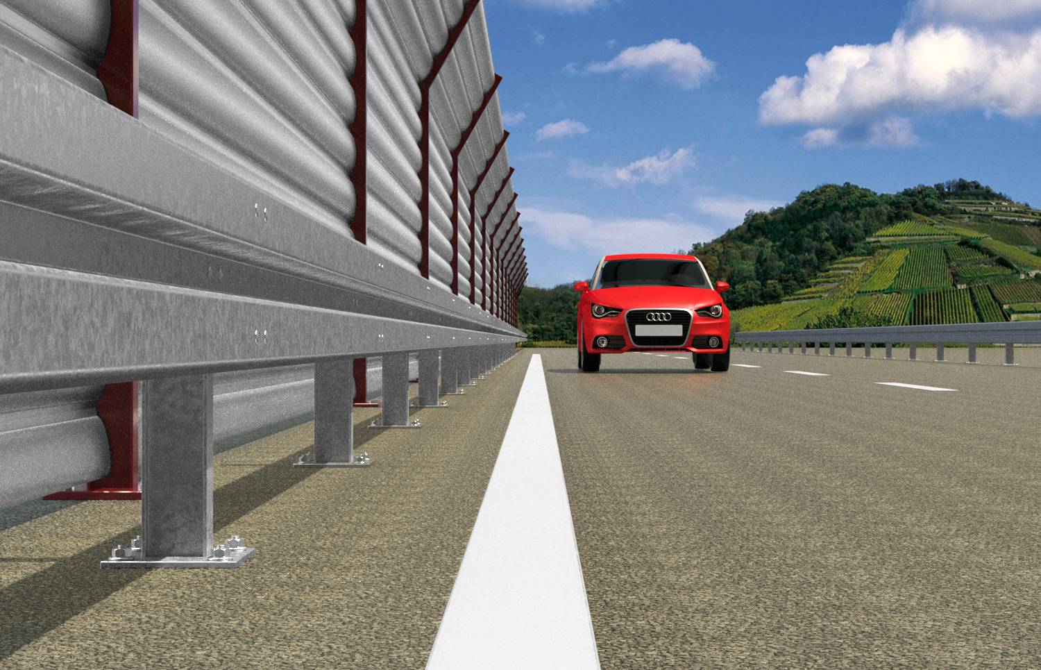 Ein rotes Auto fährt auf einer leeren Autobahn mit Schutzplanken. Im Hintergrund sind Hügel und blauer Himmel mit Wolken zu sehen.