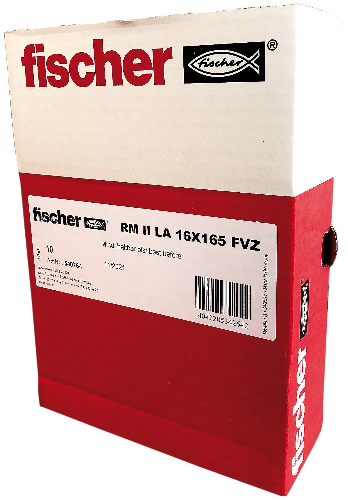 Verpackung einer Fischer-Dübelbox. Aufschrift: 'RM II LA 16X165 FVZ'. Enthält 10 Stück. Hersteller: Fischer. Industriedesign.