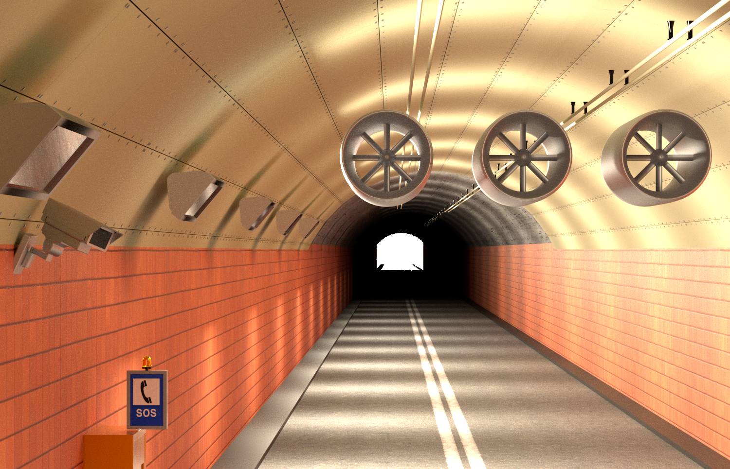 Ein straßentunnel mit beleuchtetem Notruftelefon an der linken Wand und Lüftungsventilatoren an der Decke. Ein Licht am Tunnelende.