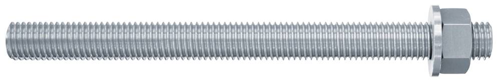 Ein silberner, gerader Gewindestab mit Hex-Mutter. Ideal für technische oder handwerkliche Anwendungen.