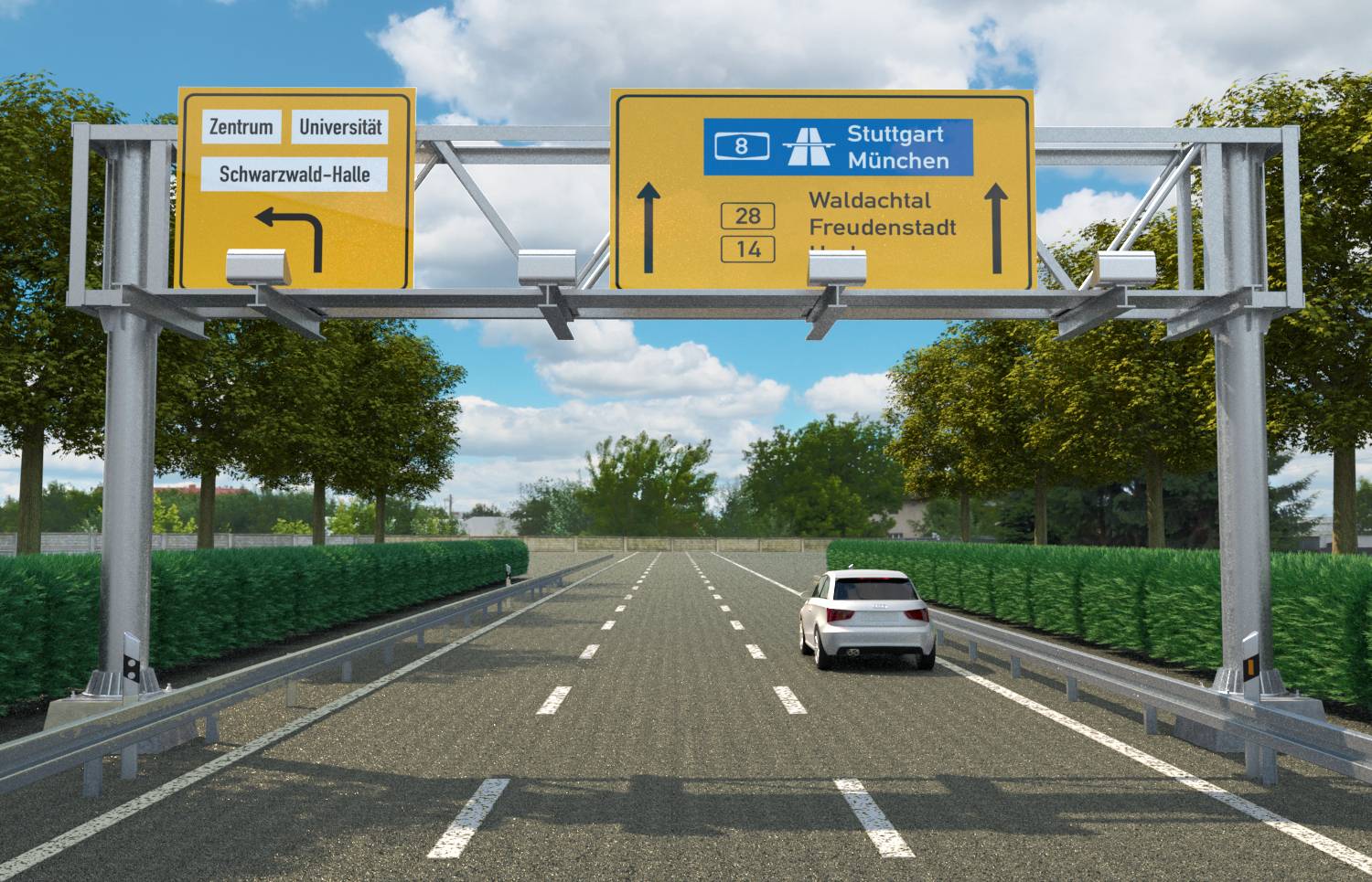 Eine Autobahn mit Straßenschildern. Ein Schild weist nach Stuttgart und München. Ein weißes Auto fährt auf der rechten Spur.