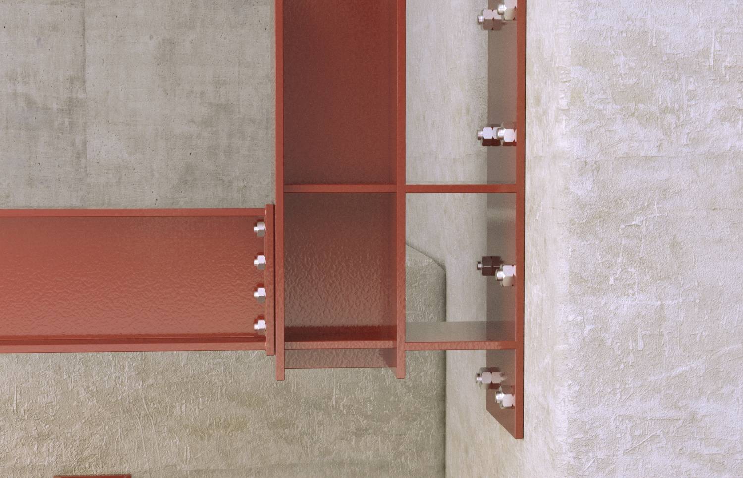 Stahlträger in Betonwand verankert; rote, lackierte Metallkonstruktion mit sichtbaren Bolzen.