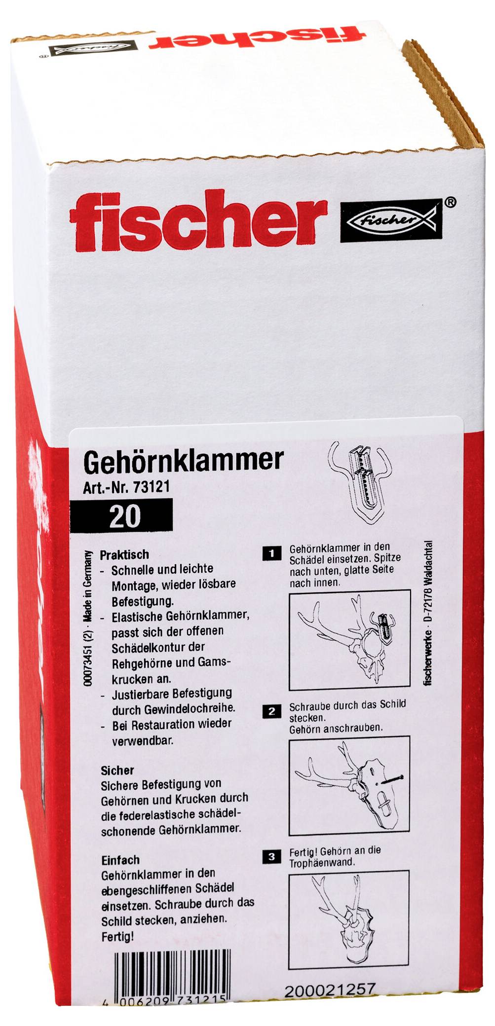 Eine Schachtel Fischer Gehörnklammer mit Artikelnummer 73121, die 20 Stück enthält. Das Etikett zeigt Gebrauchsanweisungen und Illustrationen zur Verwendung.