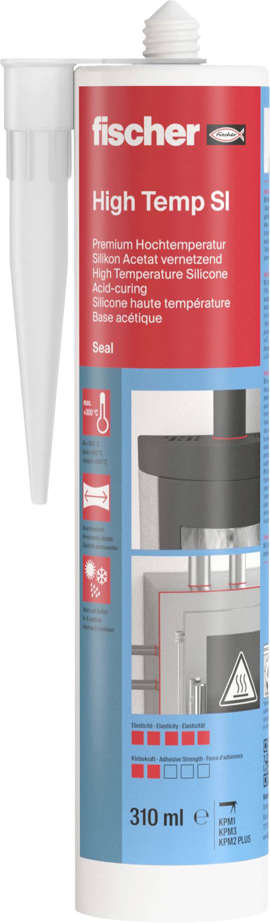 Kartusche mit hochtemperaturbeständigem Silikon-Dichtmittel 'High Temp SI' von Fischer für Versiegelungen bei hohen Temperaturen.
