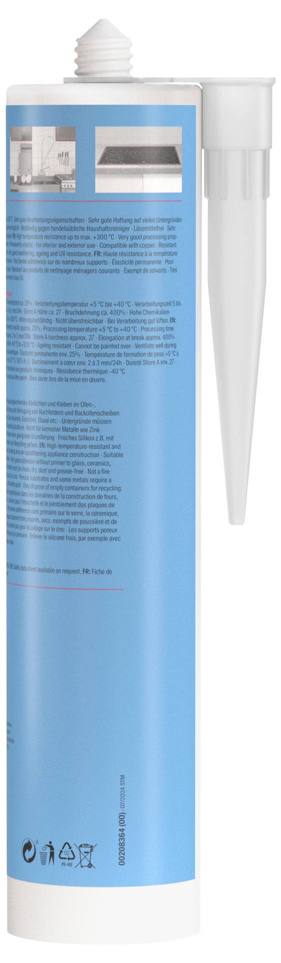 Kartusche mit einer Düse, blaues Etikett mit weißem Text, enthält angewandte Dichtmasse. Abbildungen und Beschreibungen oben.