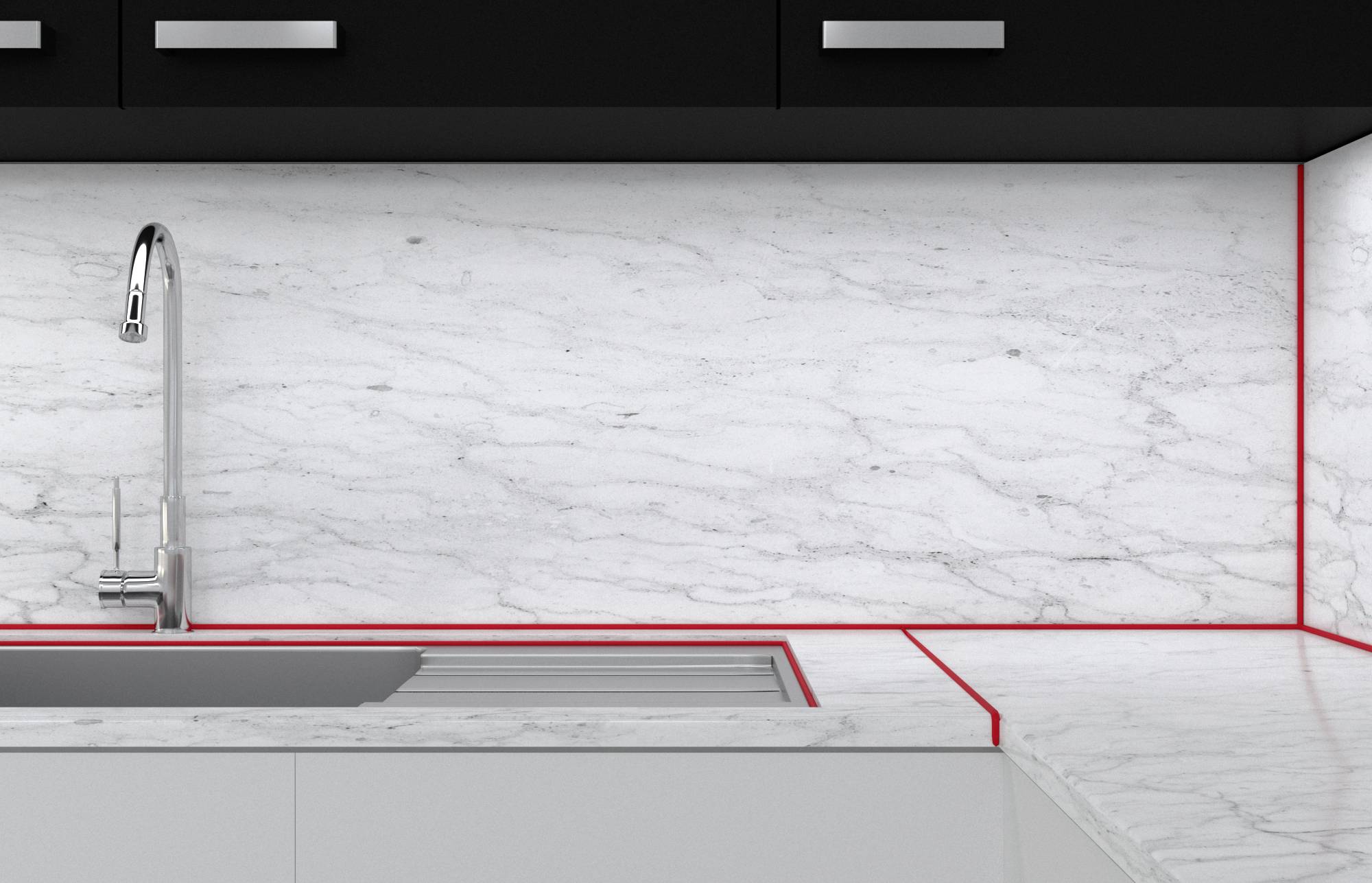 Küchenarbeitsplatte mit grauem Marmor-Design, Edelstahl-Spüle und Armatur, dahinter weißer Marmorrückwand. Schränke mit dunkler, matter Oberfläche.