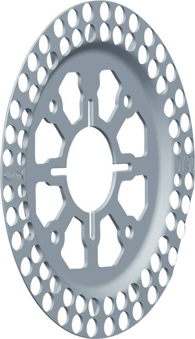 Rundes Metallobjekt mit mehreren Löchern am Rand und komplexer Struktur in der Mitte. Es hat ein industrielles Design.