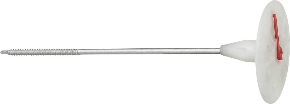 Ein langer Schraubendübel mit Kunststoffscheibe und Metallstift, verwendet für die Befestigung von Dämmmaterial an Wänden.