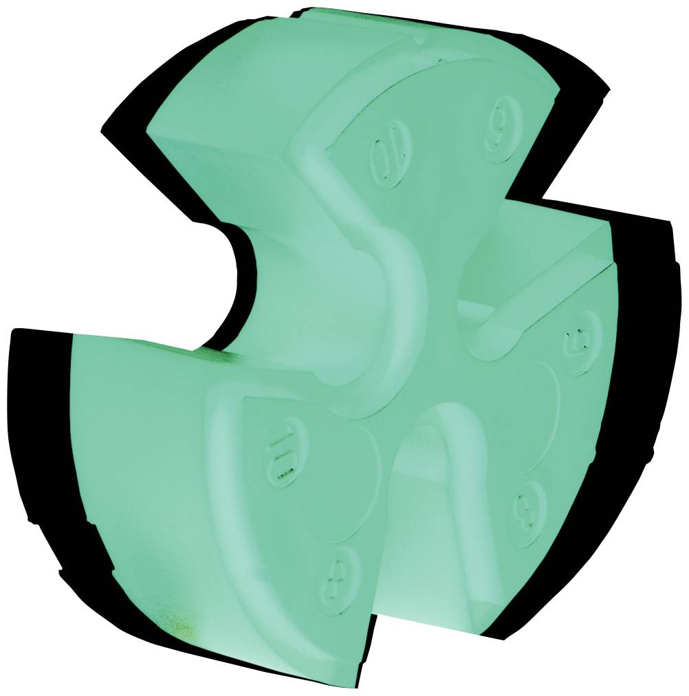 Ein kreuzförmiges, grünliches Plastikteil mit erhabenen Markierungen und Zahlen auf jedem Arm ist abgebildet.