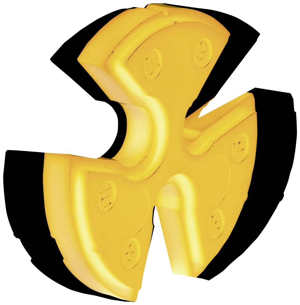 Ein gelber Kunststoffclip in X-Form; wird als Abstandshalter oder Führungsclip verwendet.