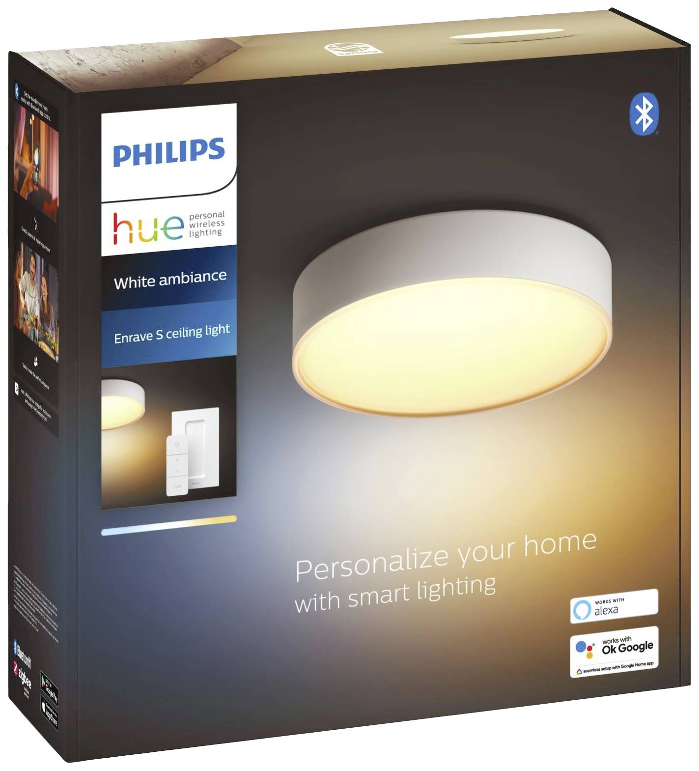 Verpackung der Philips Hue Enrave S Deckenleuchte mit weißem Ambiente; smarte Beleuchtung, kompatibel mit Alexa und Google Assistant.