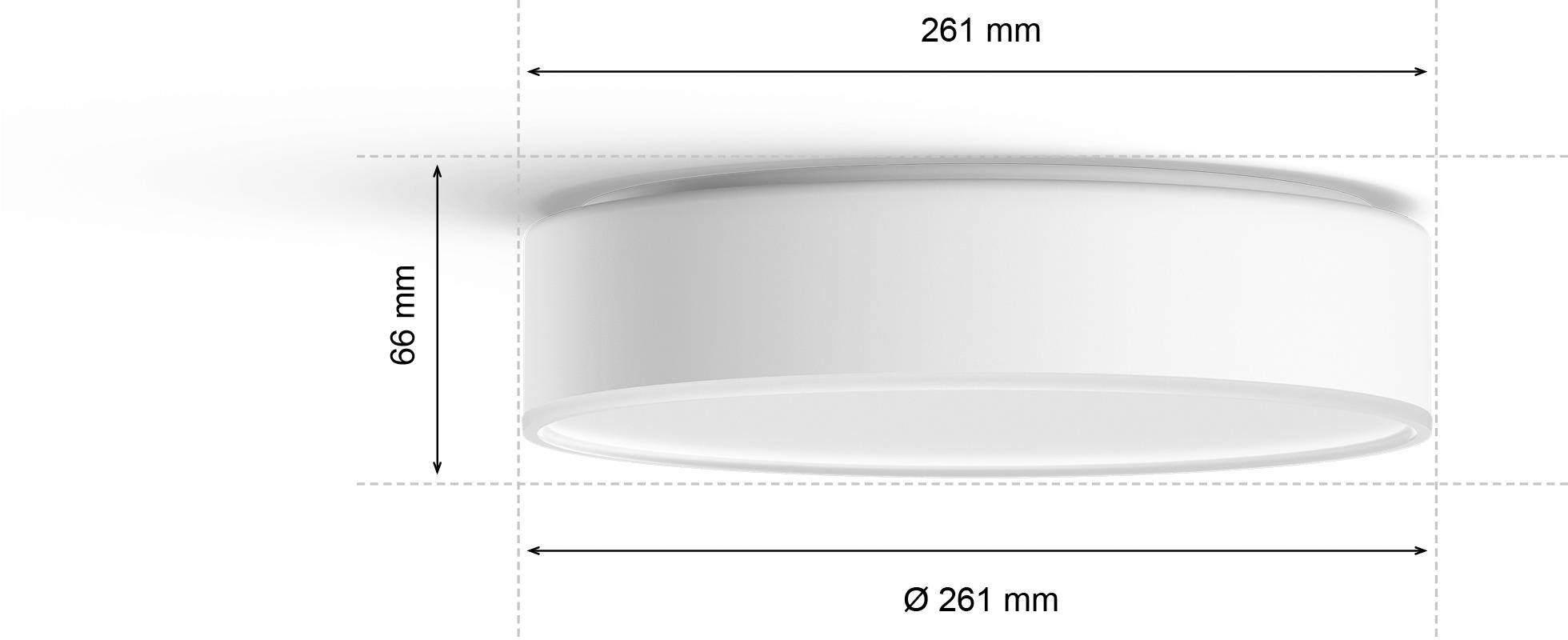 Runde Lampe mit den Maßen: Durchmesser 261 mm, Höhe 66 mm. Ansicht von der Seite und von unten.