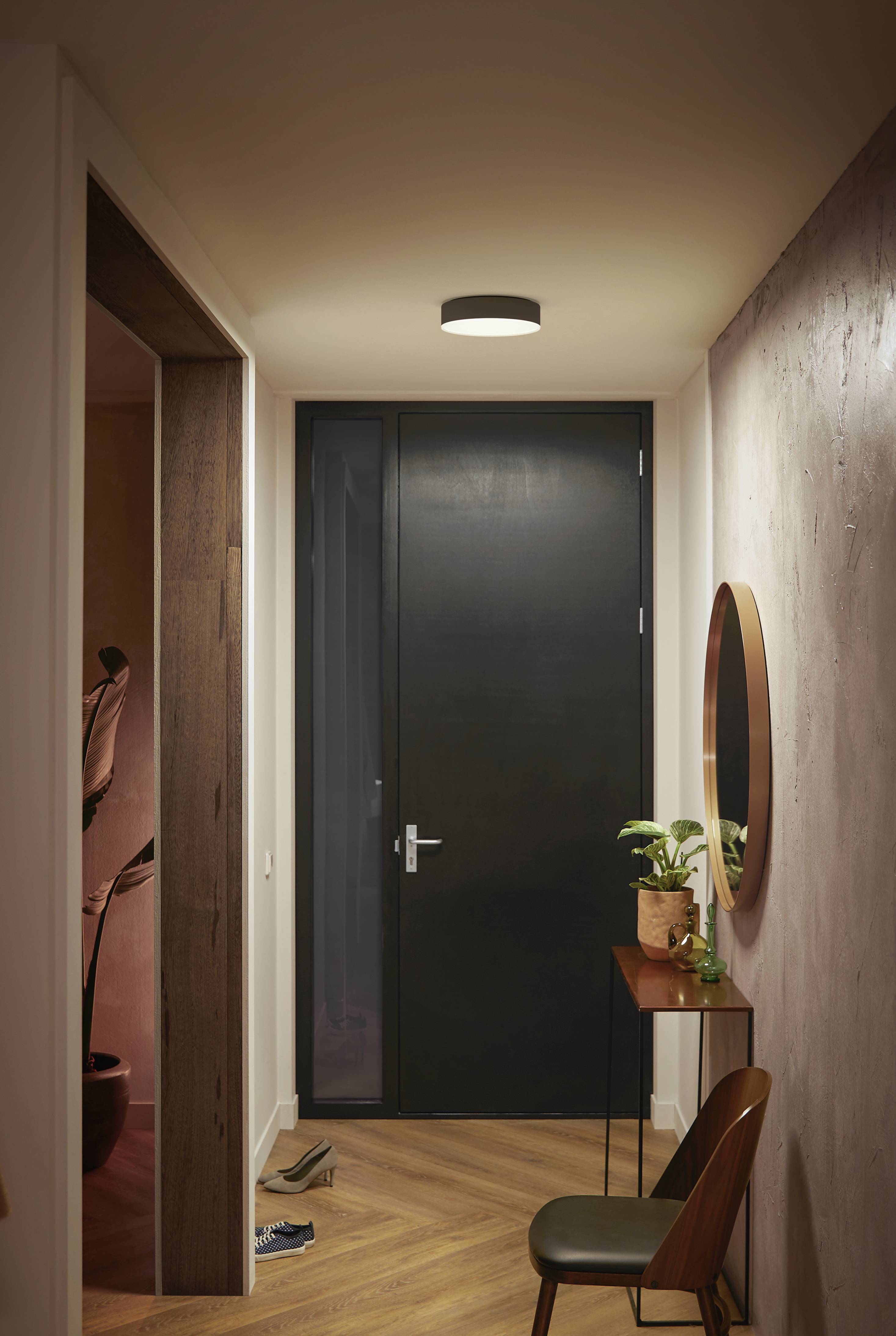 Ein schmaler Flur mit Holzfußboden, einem runden Spiegel an der Wand, einem kleinen Tisch mit Pflanze und einem schwarzen Türrahmen.