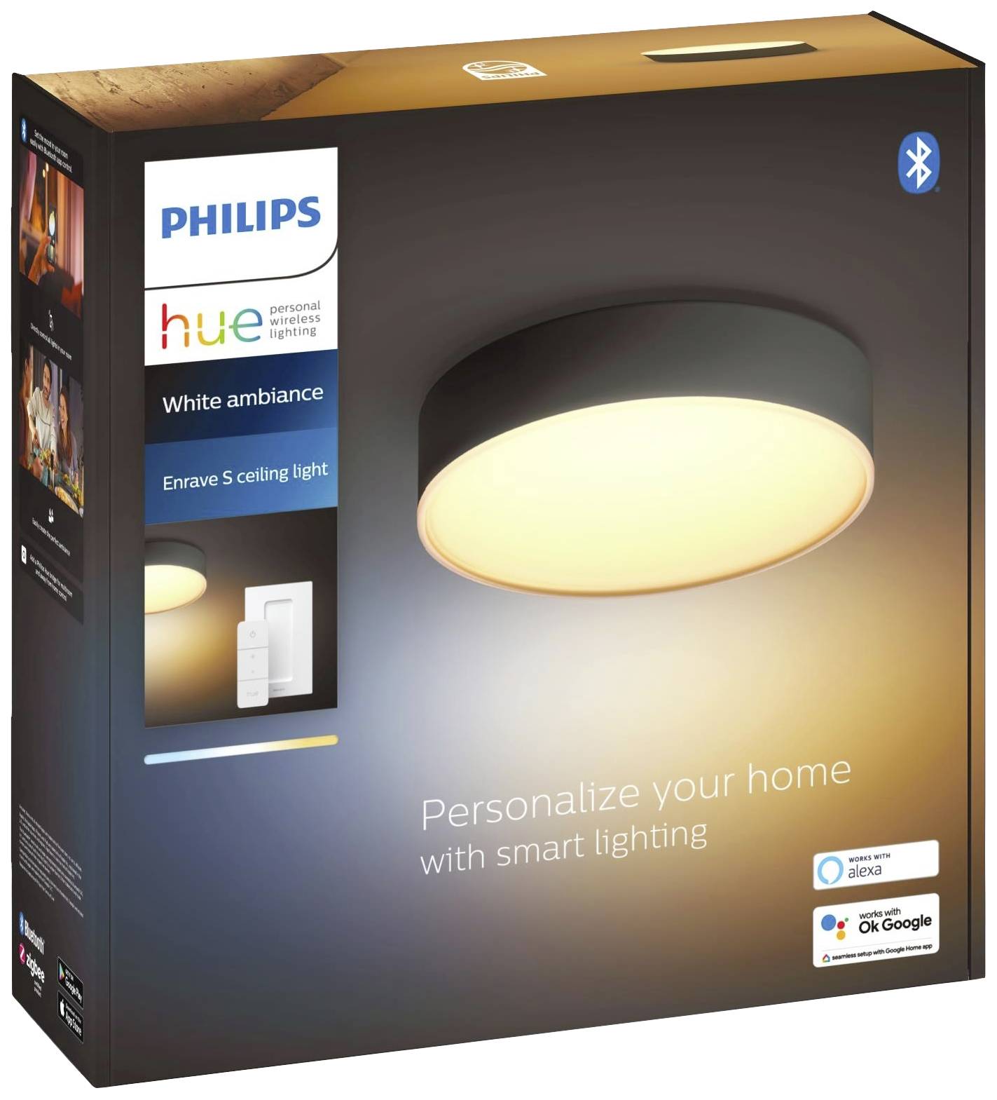 'Philips Hue' LED-Deckenleuchte, rund, smart steuerbar, verpackt in schwarzer Box mit Produktdetails und Beleuchtungsbeispiel.