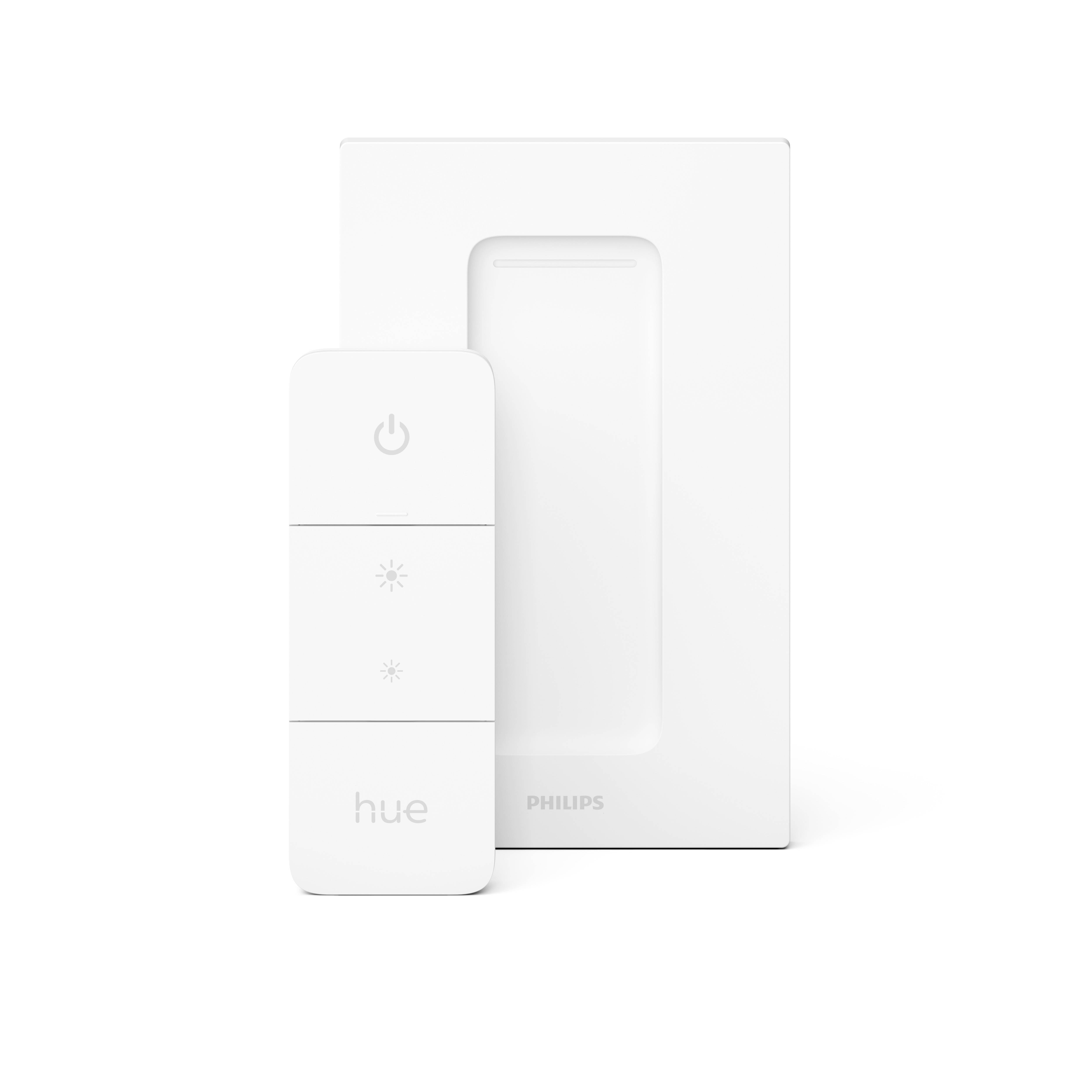 Weiße Philips Hue Fernbedienung mit Ein-/Aus-Taste und zwei Helligkeitstasten, daneben Verpackung.