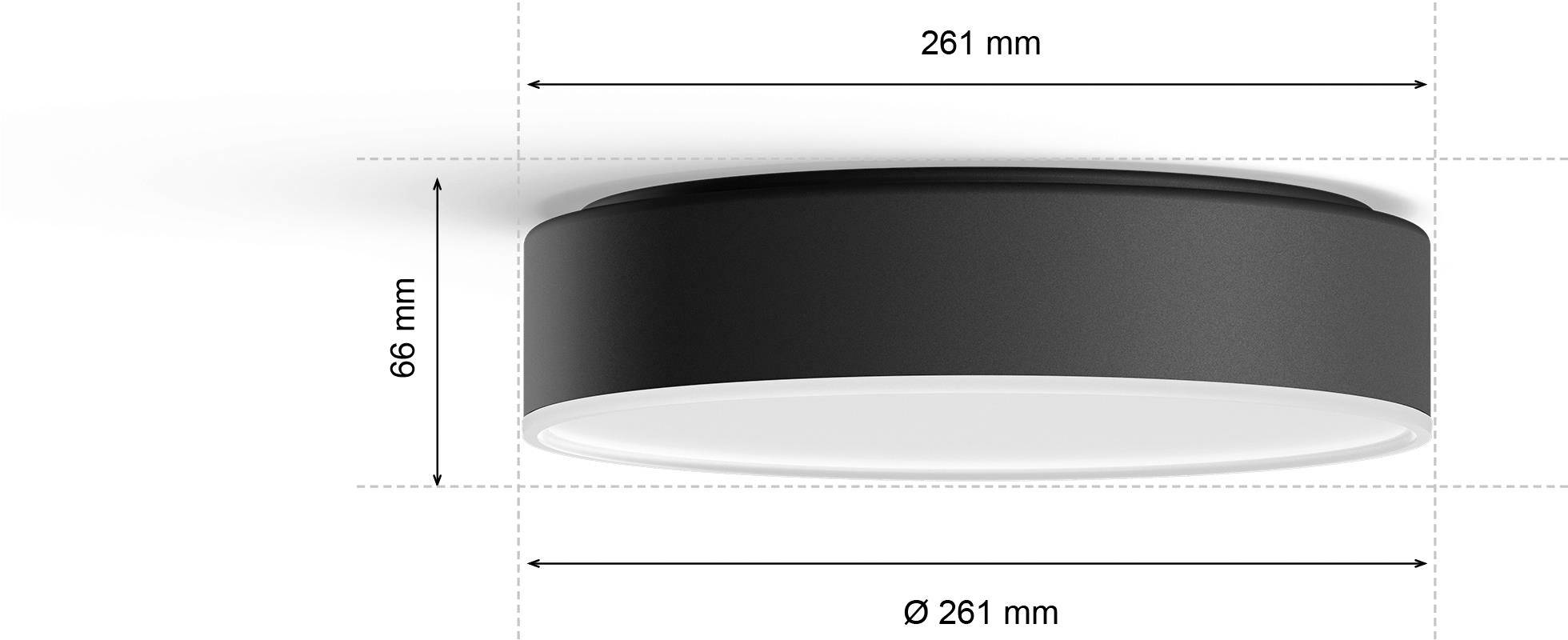 Deckenleuchte mit rundem Design, schwarz, 261 mm Durchmesser, 66 mm Höhe, geeignet zur Deckenmontage in Räumen.