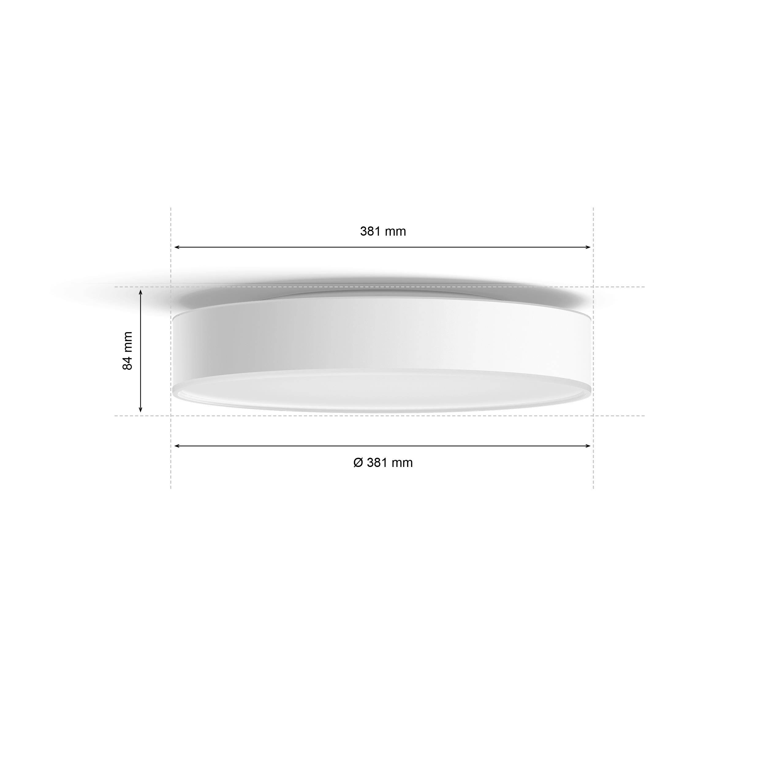 Runder Gegenstand mit den Maßen 381 mm Durchmesser und 84 mm Höhe. Die Ansicht zeigt das Objekt von oben und von der Seite.