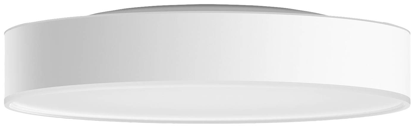 Runde, weiße Deckenlampe aus Kunststoff mit schlichtem Design. Geeignet für moderne Innenräume.
