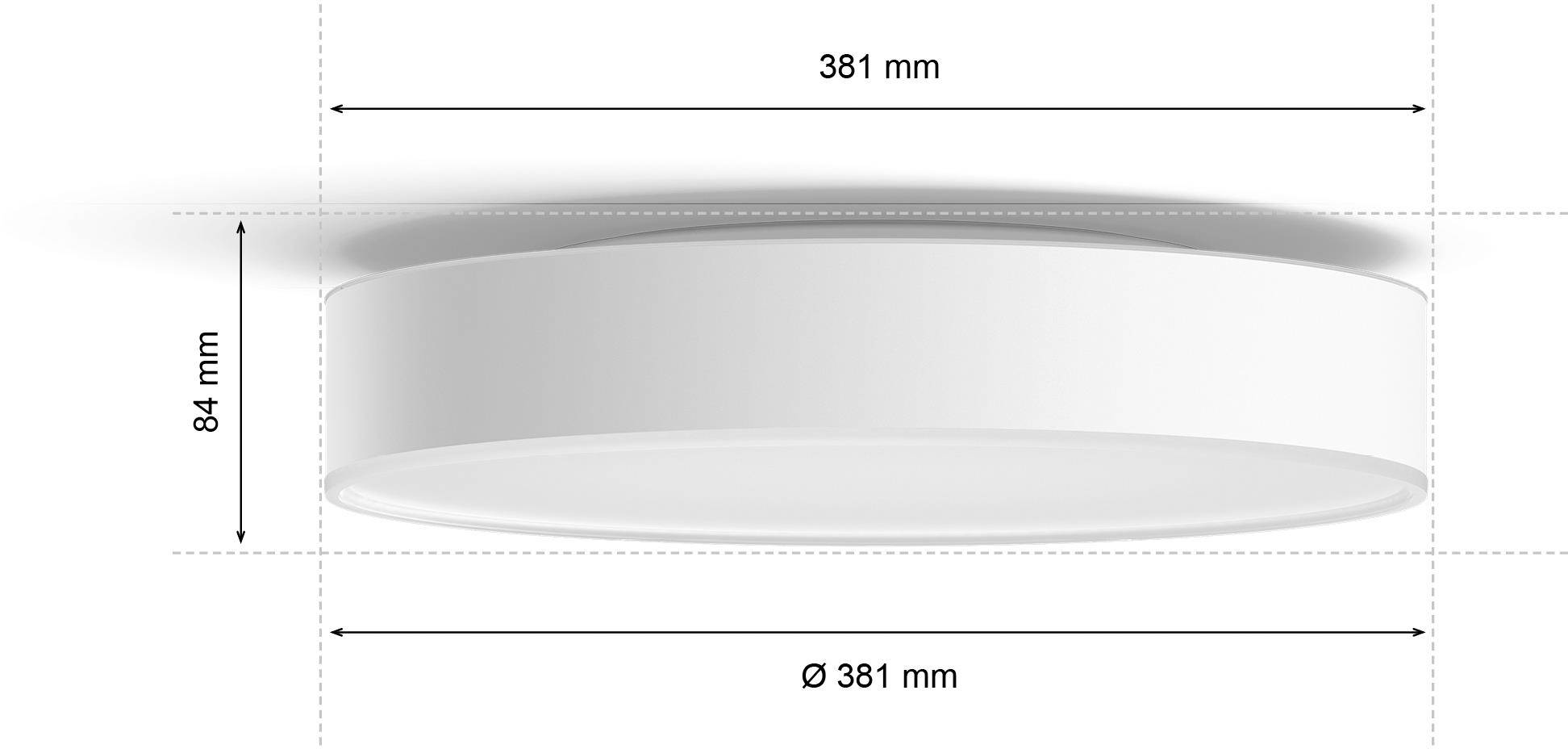 Runde Deckenleuchte, 381 mm Durchmesser, 84 mm Höhe. Schattenwurf auf der linken Seite.