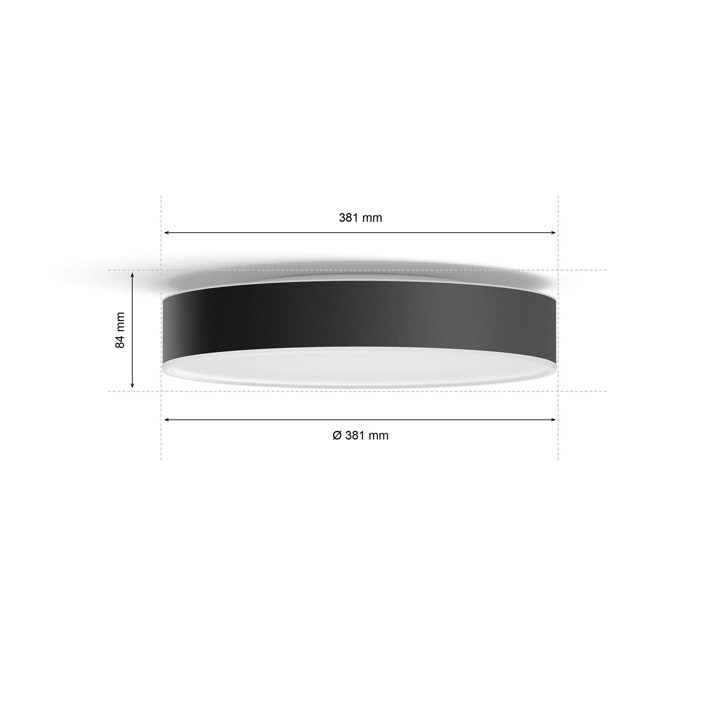Runde Deckenleuchte, schwarz, Durchmesser 381 mm, Höhe 84 mm.