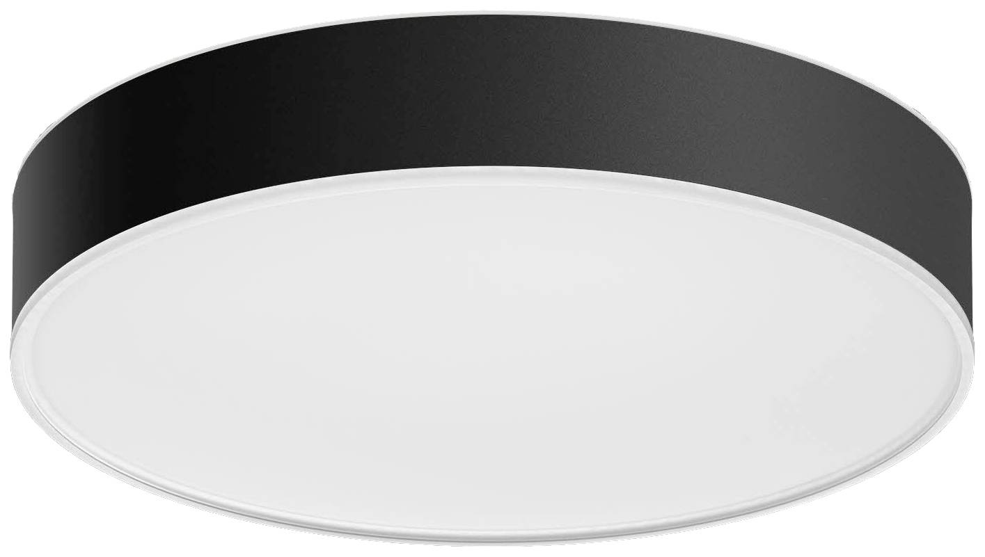 Runde, schwarze Deckenlampe mit weißem Lampenschirm, moderne und schlichte Gestaltung für zeitgemäße Innenräume.
