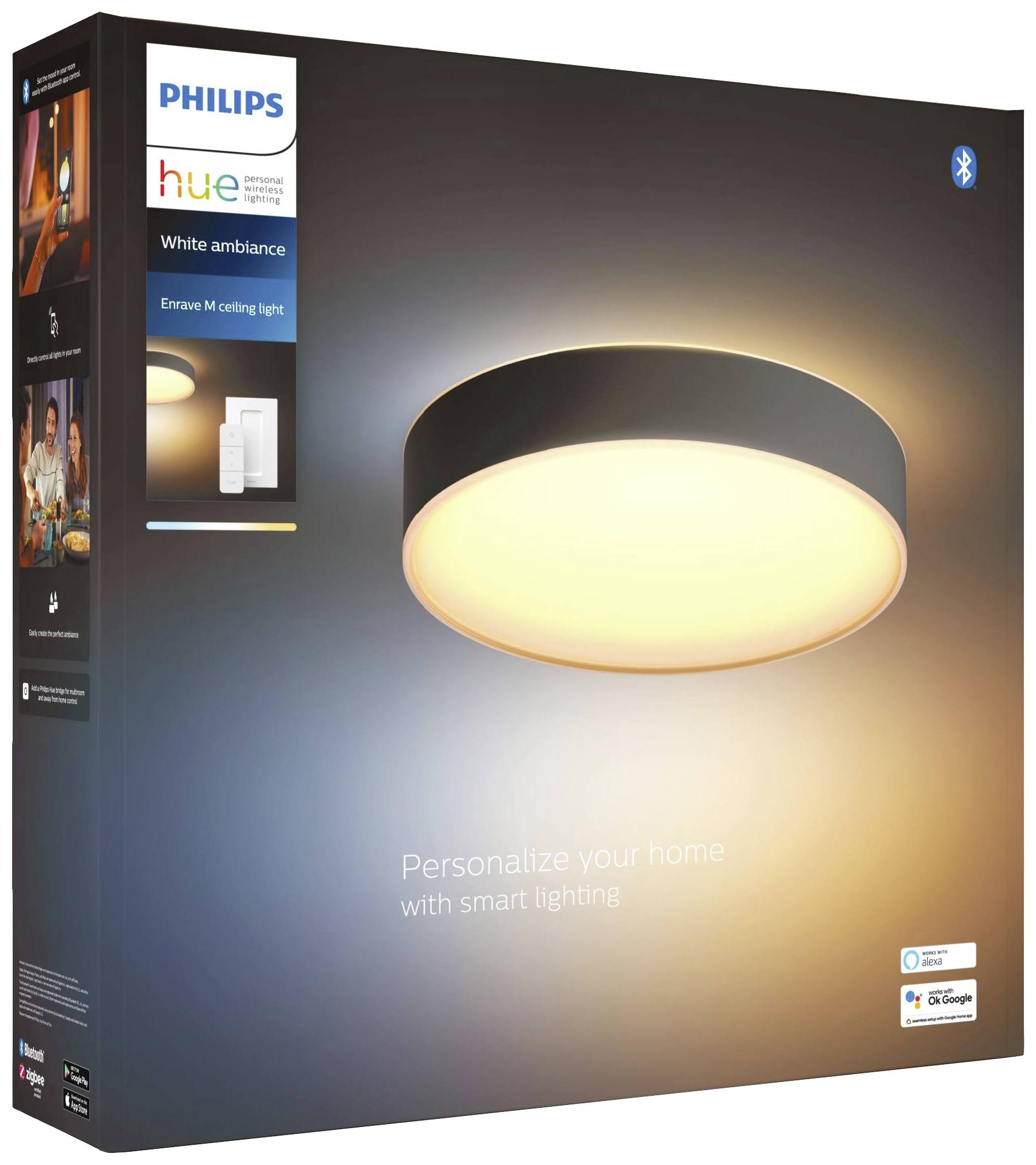 Philips Hue White Ambiance Deckenleuchte in Verpackung, mit Bluetooth-Symbol. Text: 'Personalize your home with smart lighting.'