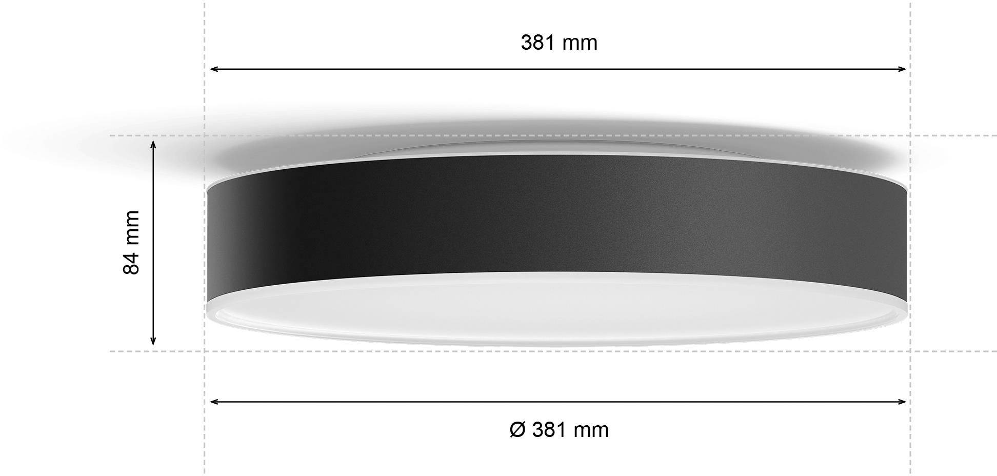 Runde Deckenleuchte mit einem Durchmesser von 381 mm und einer Höhe von 84 mm, schwarz-weiße Farbgebung.