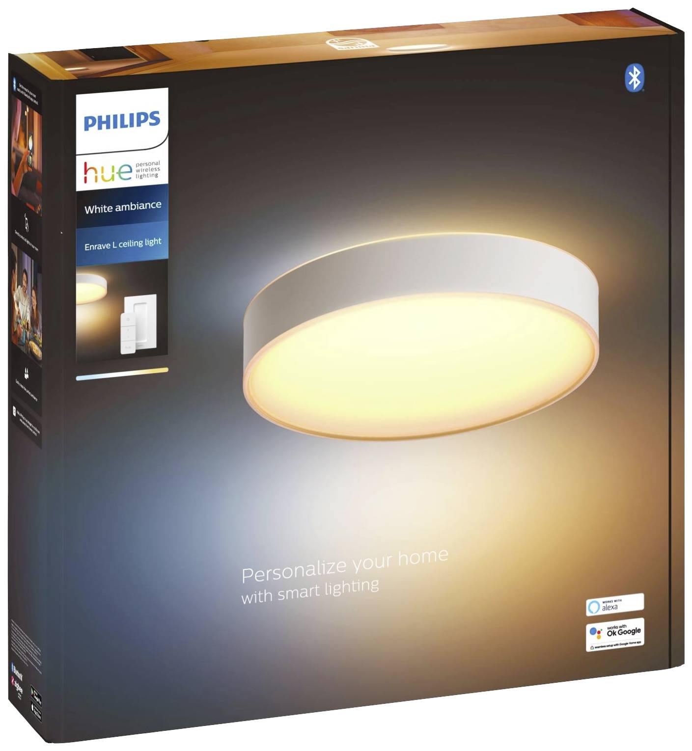 Verpackung der Philips Hue Deckenleuchte 'White Ambiance'. Runde, weiße Lampe, betont smarte Beleuchtung und Bluetooth-Kompatibilität.