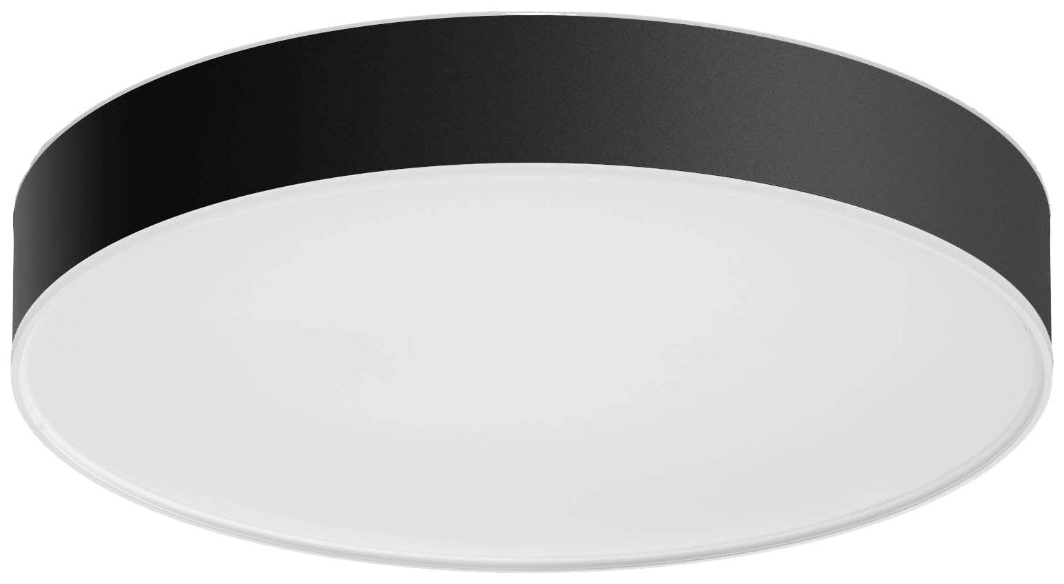 Eine flache, runde Deckenlampe mit schwarzem Rahmen und weißem Diffusor, zur gleichmäßigen Beleuchtung eines Raumes.