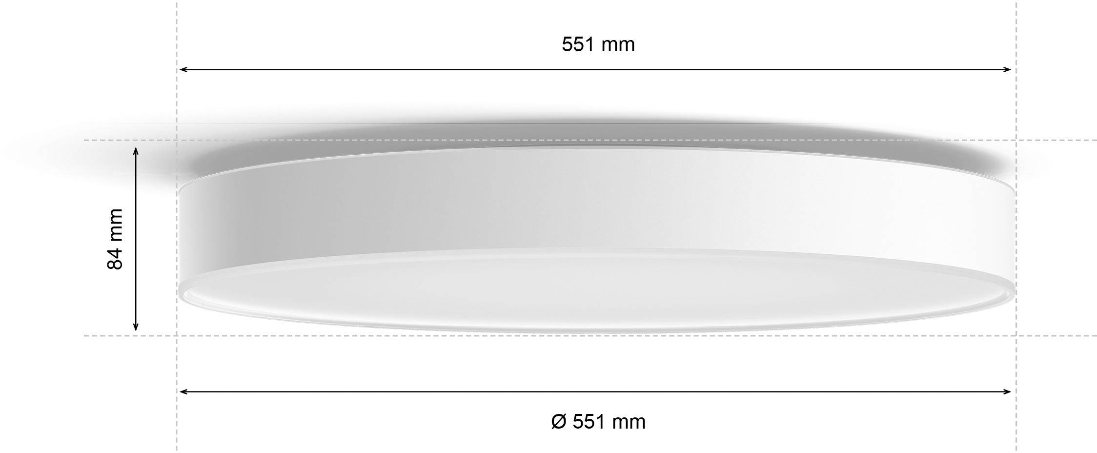 Runde, flache Deckenleuchte mit einem Durchmesser von 551 mm und einer Höhe von 84 mm.