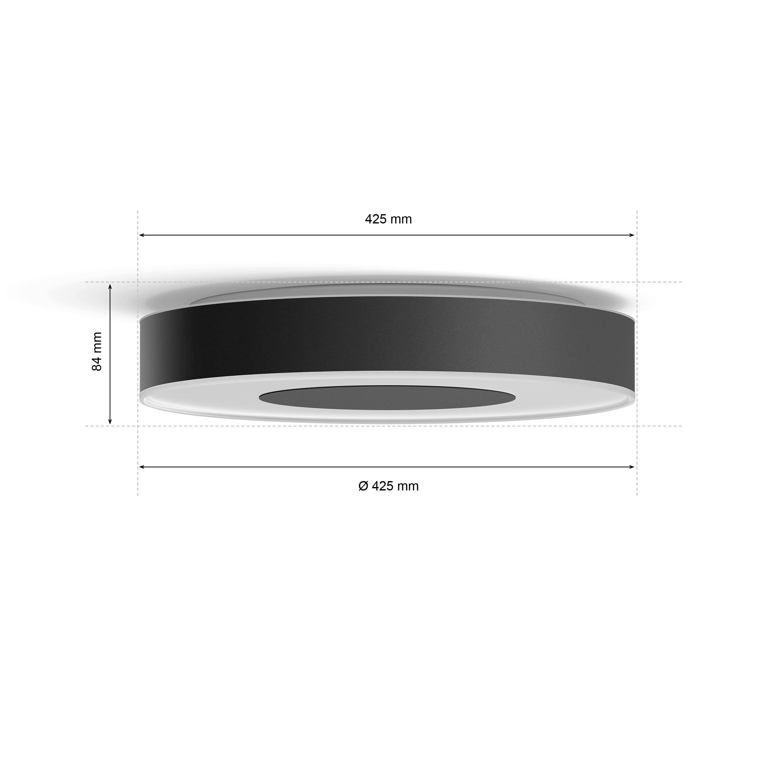 Runde Deckenleuchte in Schwarz, Durchmesser 425 mm, Höhe 84 mm, Platzierung an der Decke dargestellt.