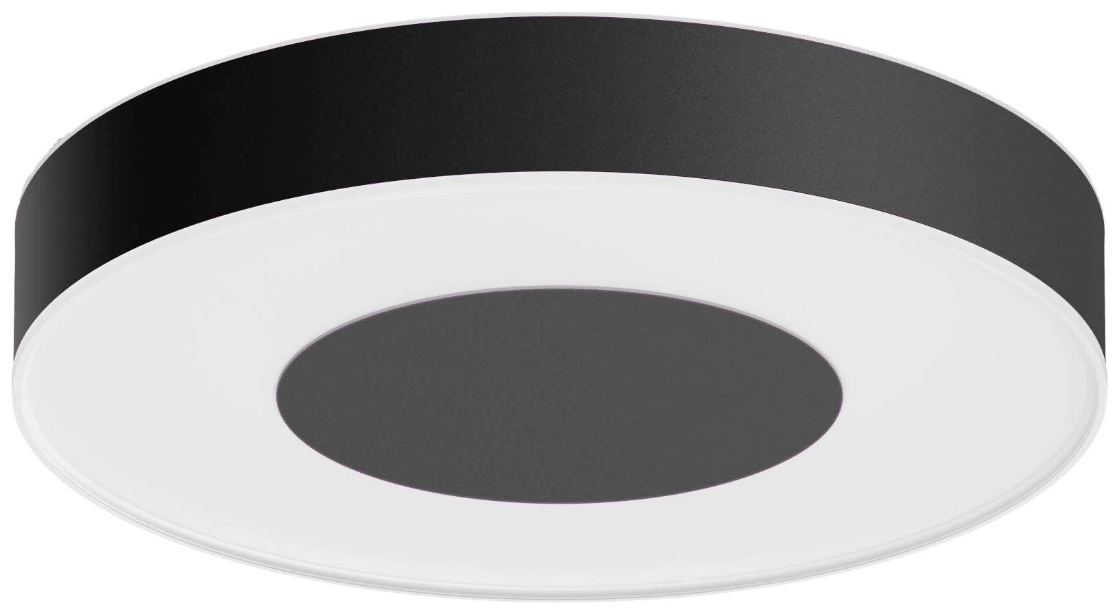 Schwarze und weiße runde Deckenlampe mit modernem, schlichtem Design. Ideal für zeitgemäße Innenräume.