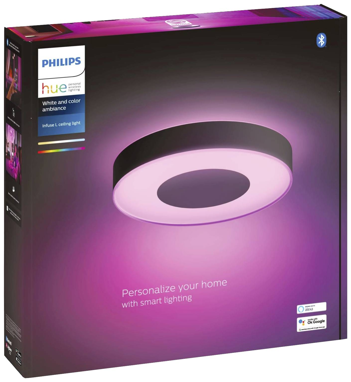 Produktverpackung einer Philips Hue Deckenleuchte mit pinkem Licht. Aufschrift: 'Personalize your home with smart lighting'.