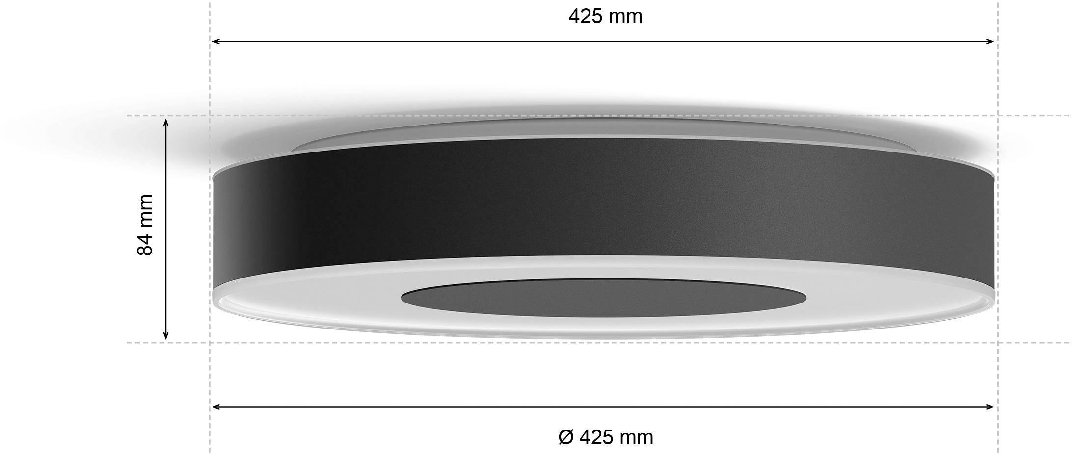 Runde Deckenleuchte, Durchmesser 425 mm, Höhe 84 mm, schwarze Seiten, weiße Unterseite.