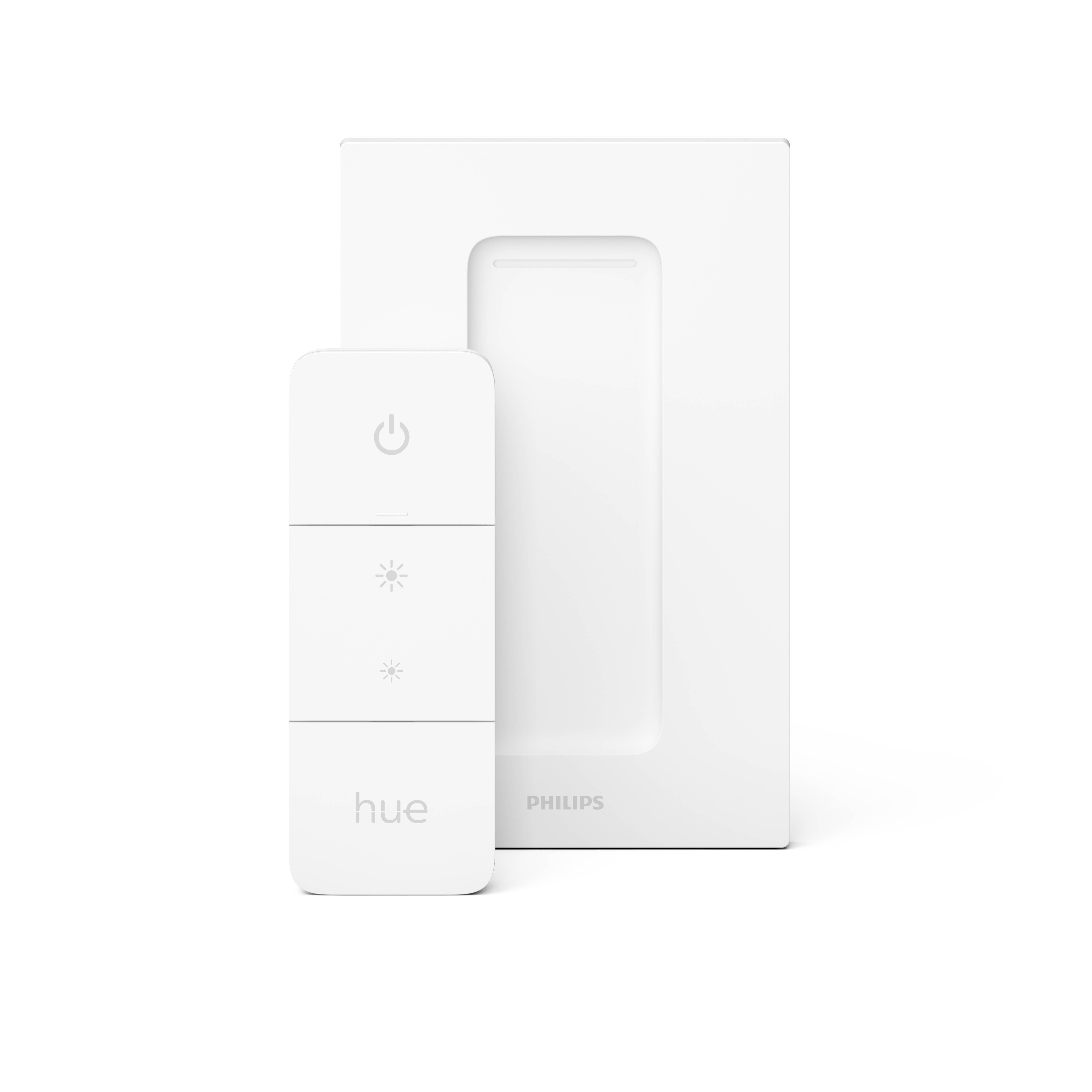 Ein weißer Philips Hue Schalter mit dreieckigen Tasten zur Steuerung der Beleuchtung. Daneben eine rechteckige Halterung.