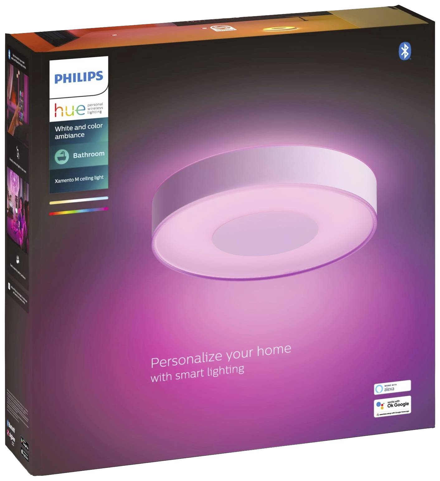 Verpackung der Philips Hue Deckenleuchte mit einem weiß-pinken Lichtschimmer und dem Text 'Personalize your home with smart lighting'.
