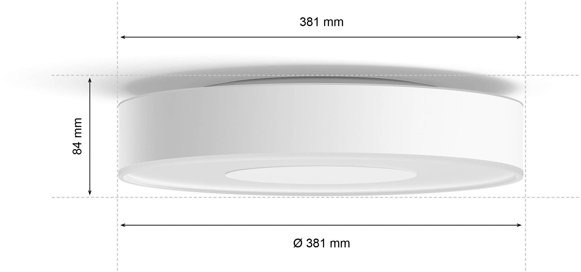 Runde Deckenleuchte aus weißem Material, Durchmesser 381 mm, Höhe 84 mm, als Beispiel für Maßdarstellung.