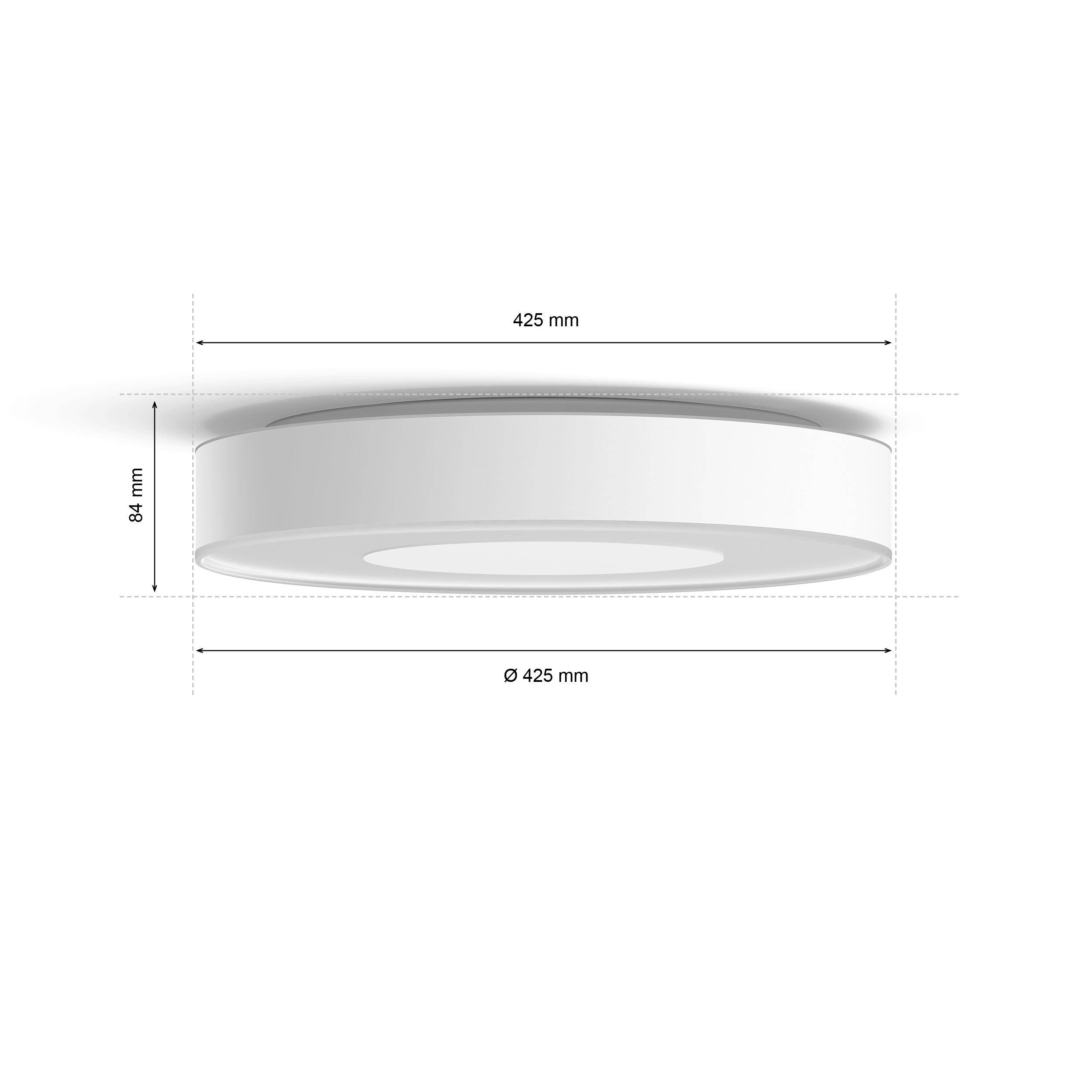 Weiße runde Deckenleuchte, Durchmesser 425 mm, Höhe 84 mm.