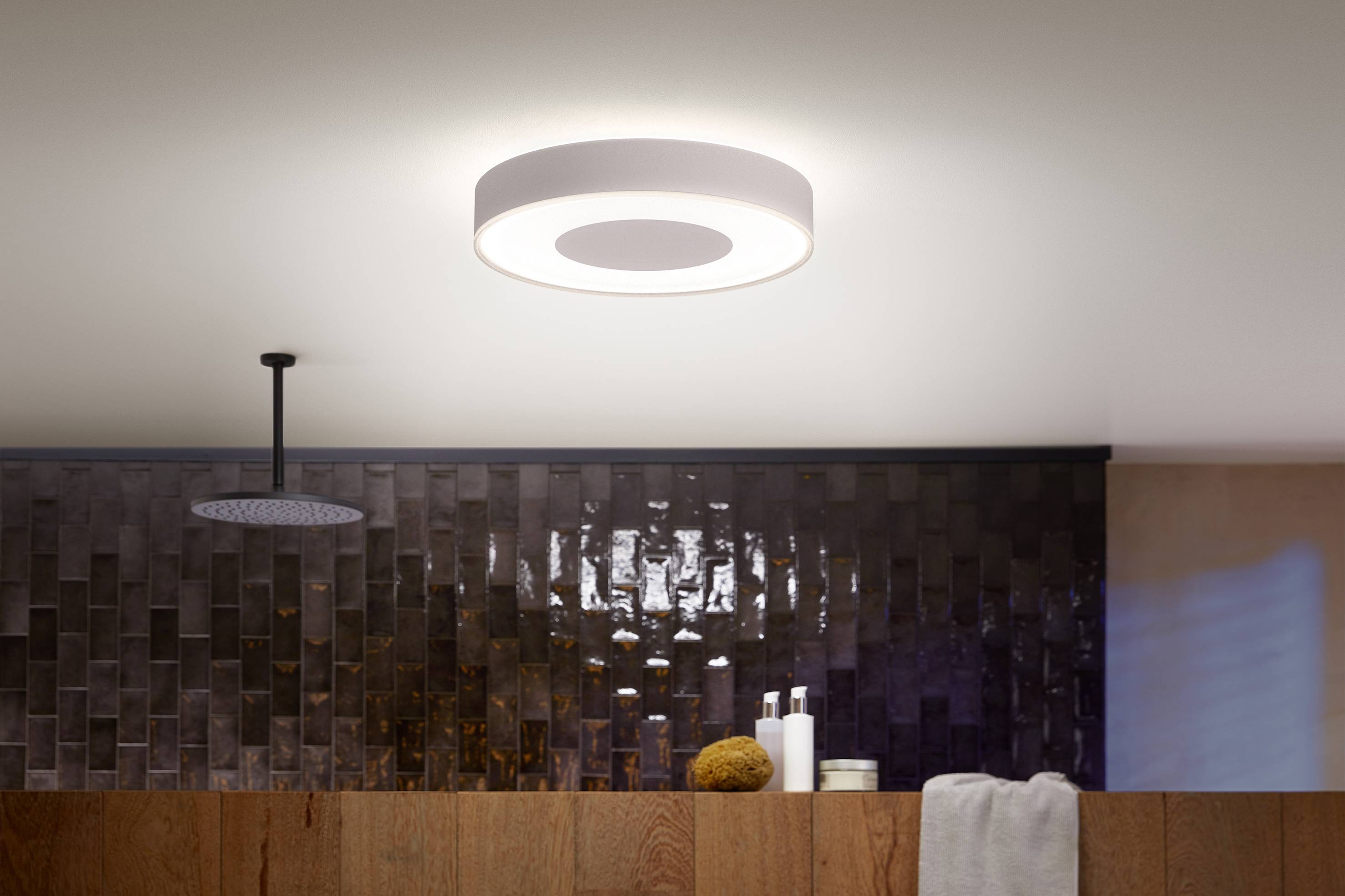Eine moderne Deckenlampe leuchtet in einer stilvollen Küche mit dunklen Fliesen und Holzelementen. Links hängt eine runde Duschkopf-ähnliche Leuchte.
