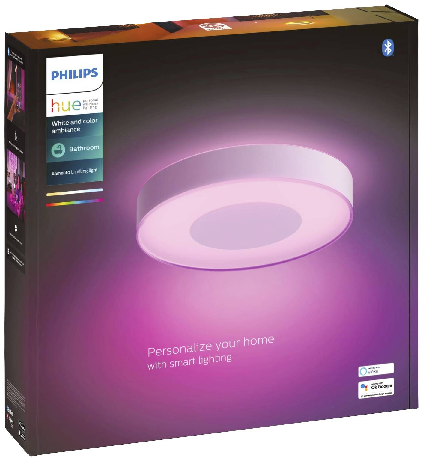 Verpackung von Philips Hue Lampe mit Bluetooth. Zeigt runde Deckenlampe, die rosa leuchtet. Text: 'Personalize your home with smart lighting'.