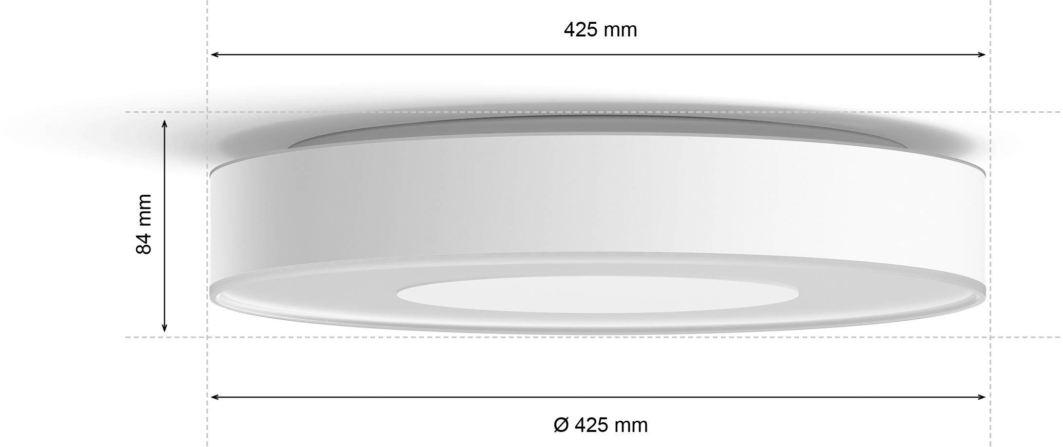 Runde Deckenleuchte, seitlich abgebildet. Durchmesser 425 mm, Höhe 84 mm. Minimalistisches Design, weiße Farbe.